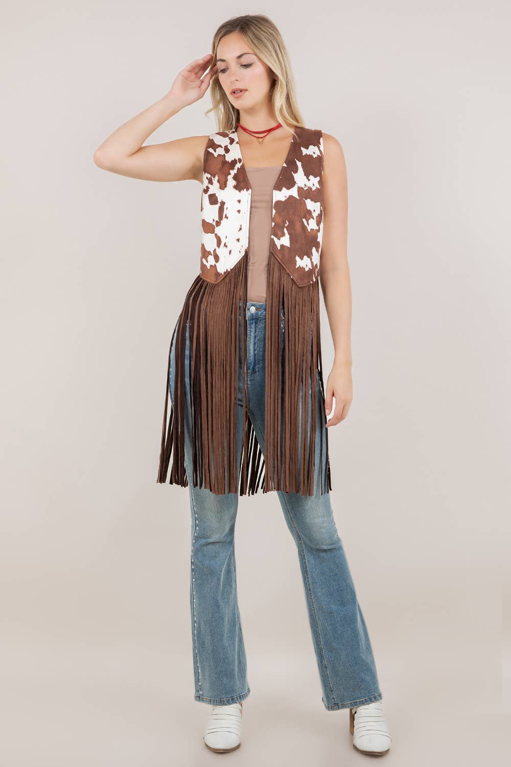 BROWN COW PRINT LONG FRINGE FAUX SUDE VEST