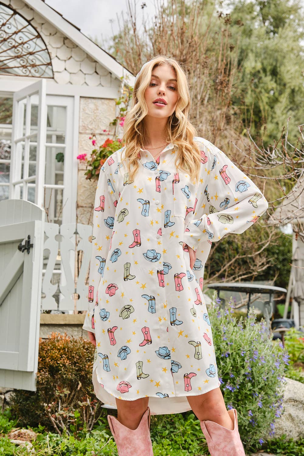 Satin Cowboy Hat Boots Print Shirt Dress