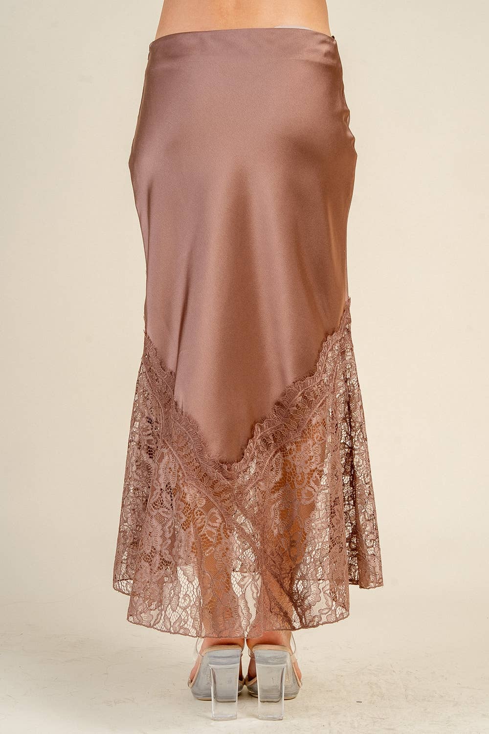 SATIN MIDI SKIRT W/ LACE TRIM DETAIL