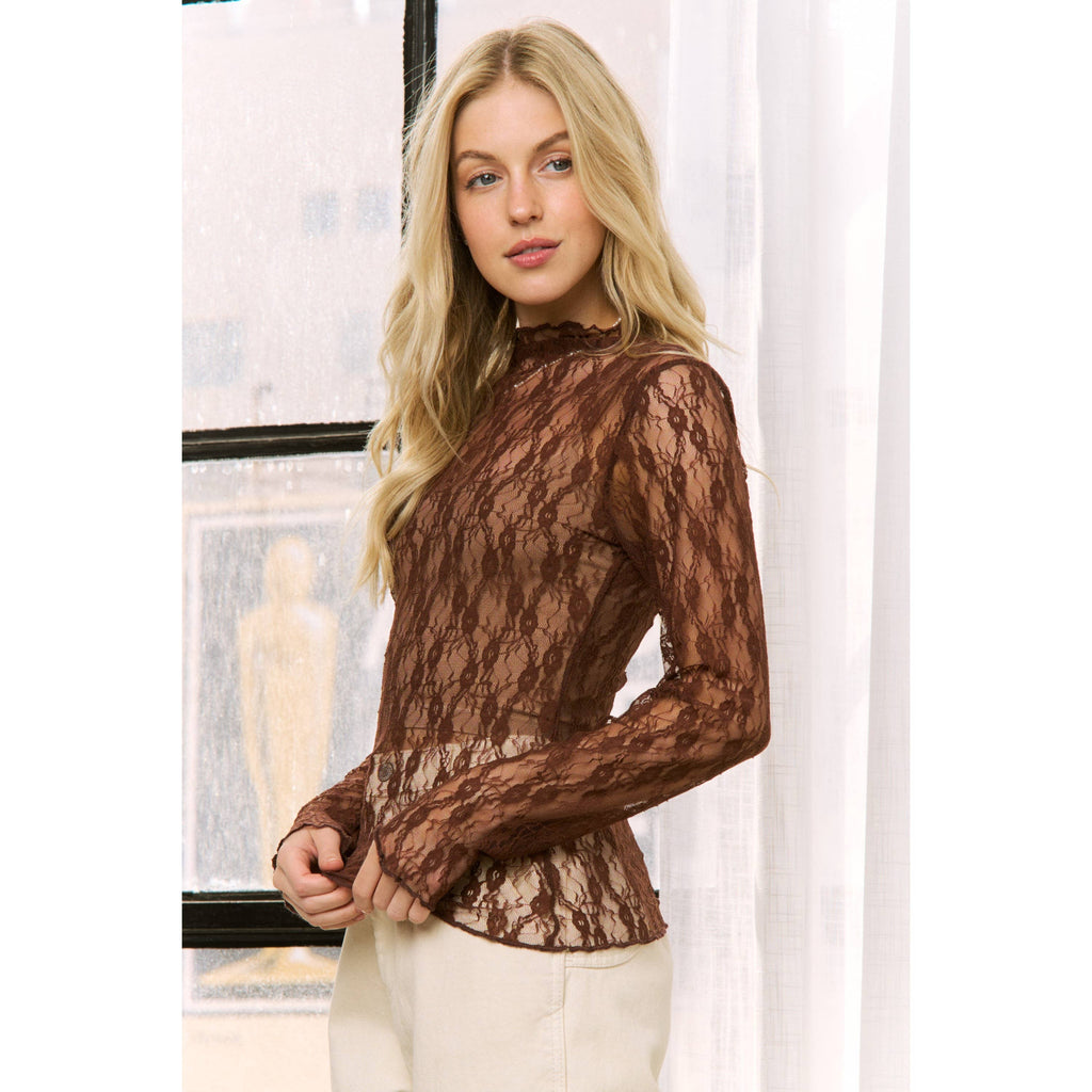 MODERN SHEER LACE HIGH NECKLINE TOP