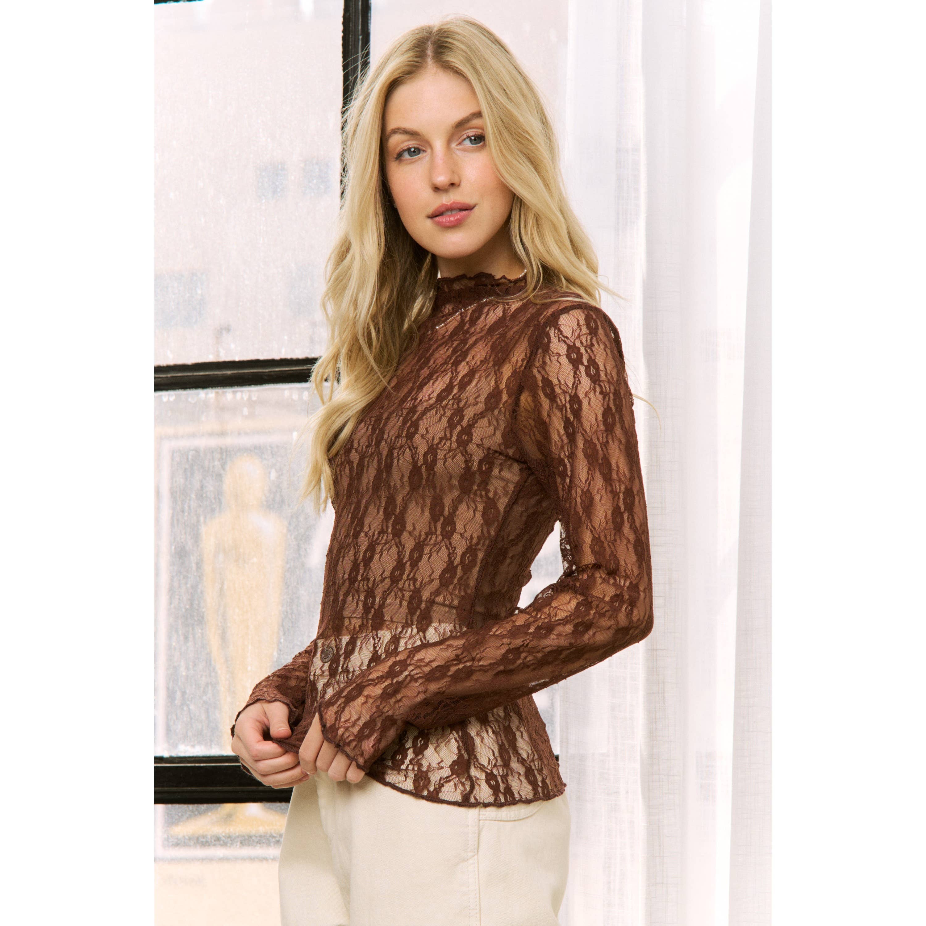 MODERN SHEER LACE HIGH NECKLINE TOP
