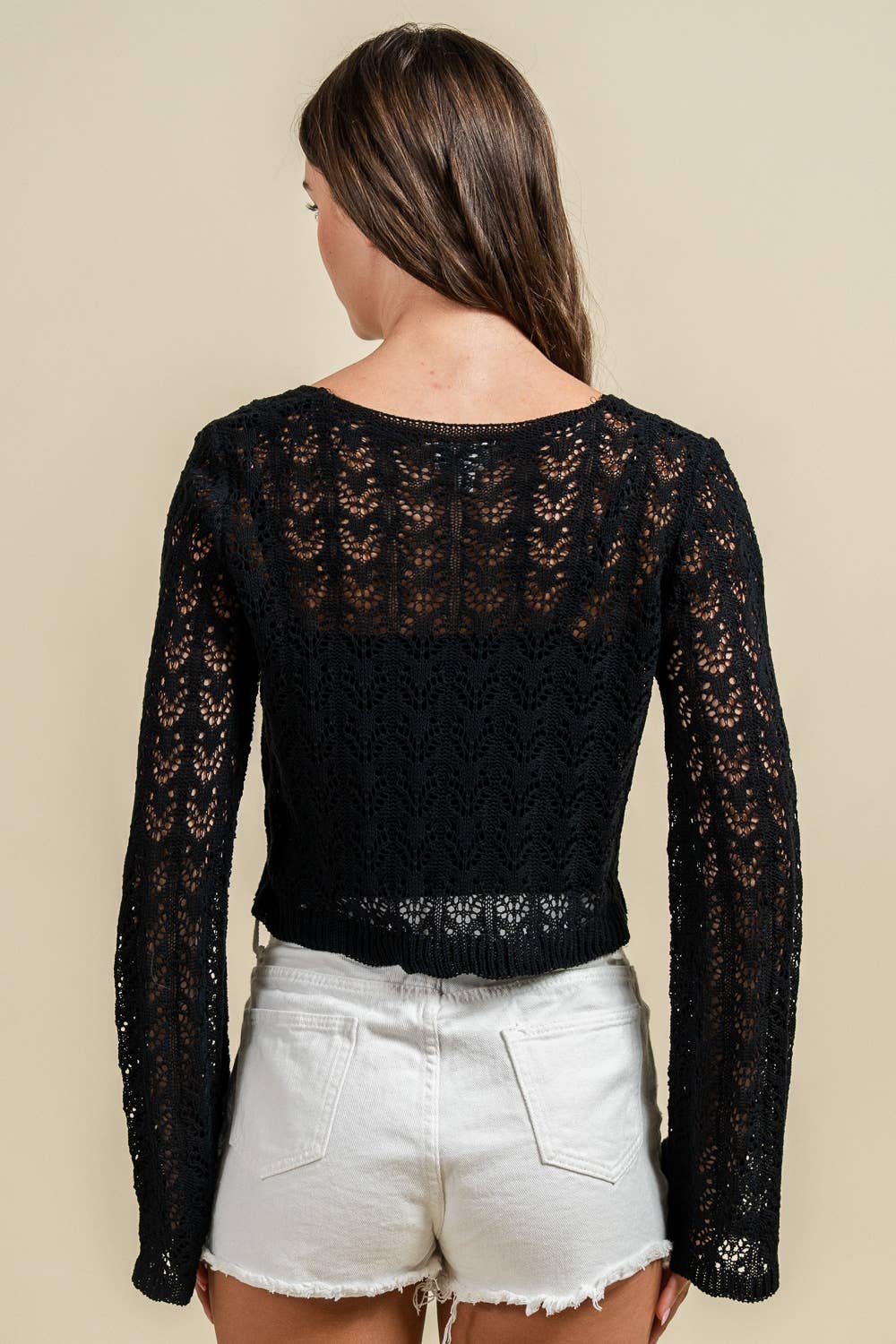 CROCHET OPEN KNIT POINTELLE CROP CARDIGAN