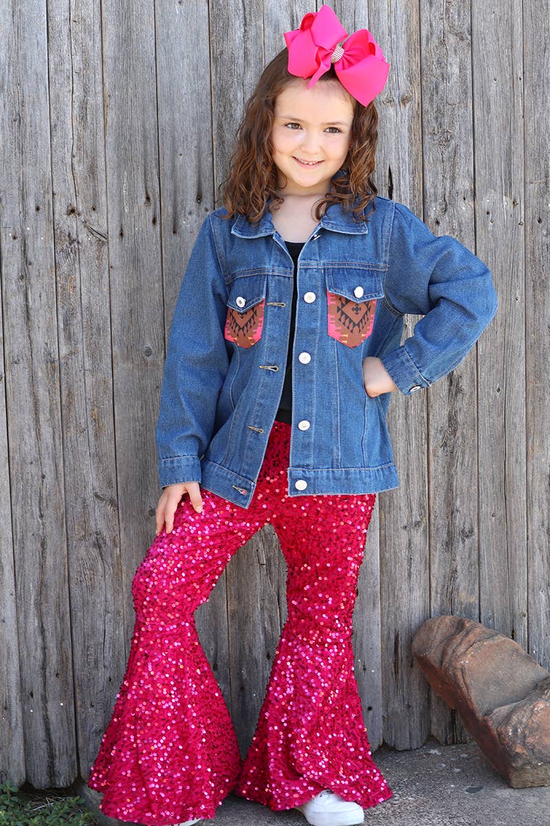 DENIM JACKET W/AZTEC PRINTED POCKET & BACK.