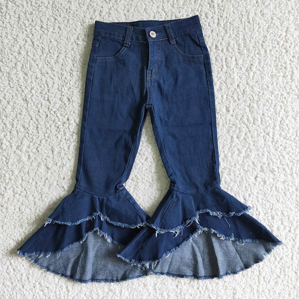 Baby girls navy double ruffle bell pants denim jeans