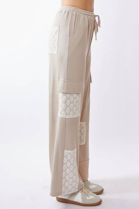 Lace Patchwork Knit Wide-Leg Cargo Pants