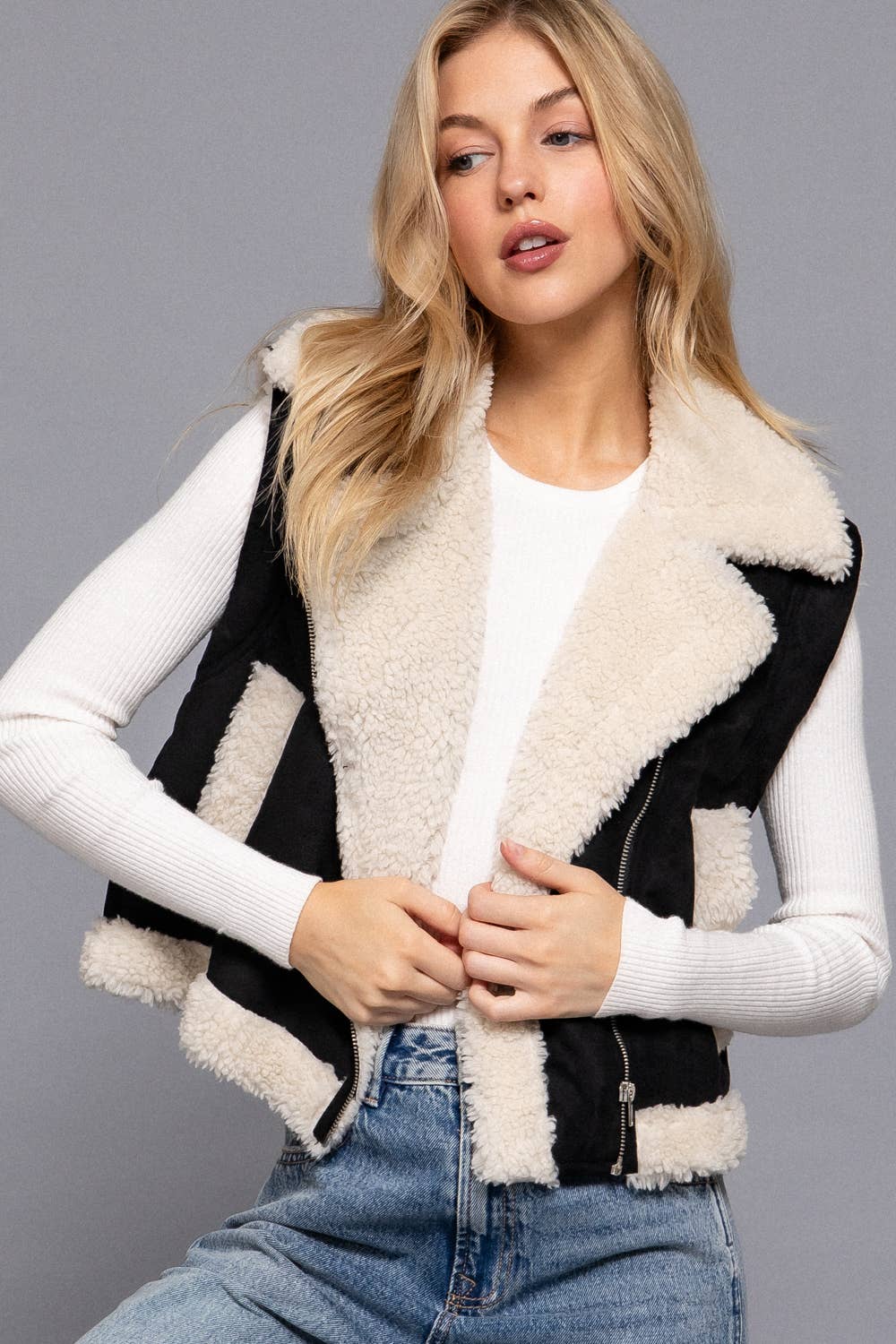 Faux Suede Inner Fur Zip Up Vest