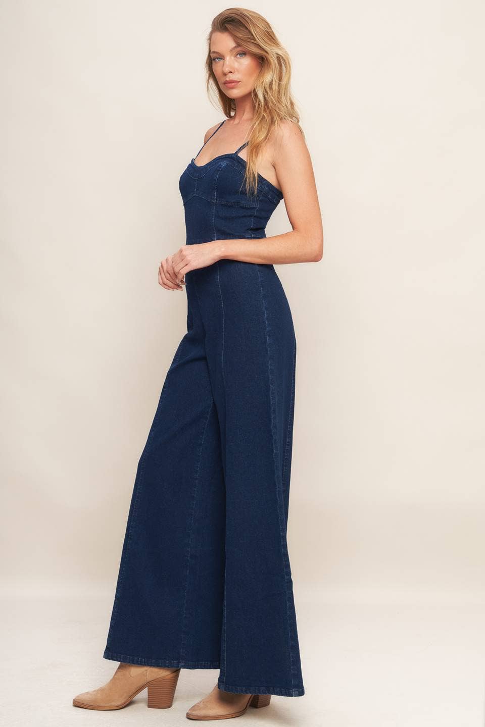 A washed denim jumpsuit