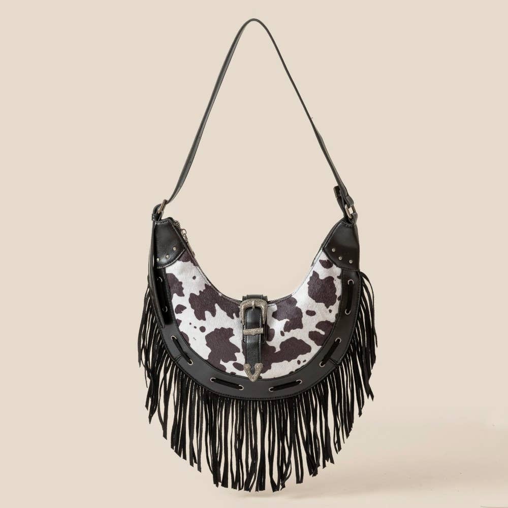 Cow Print Leather Fringe Hobo Bag