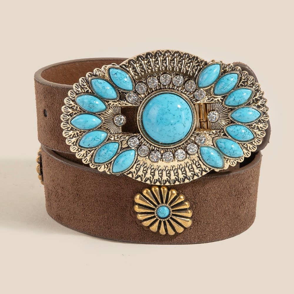 Faux Leather Turquoise Concho Buckle Belt
