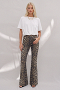 LEOPARD PRINT STRETCH DENIM FLARED JEANS