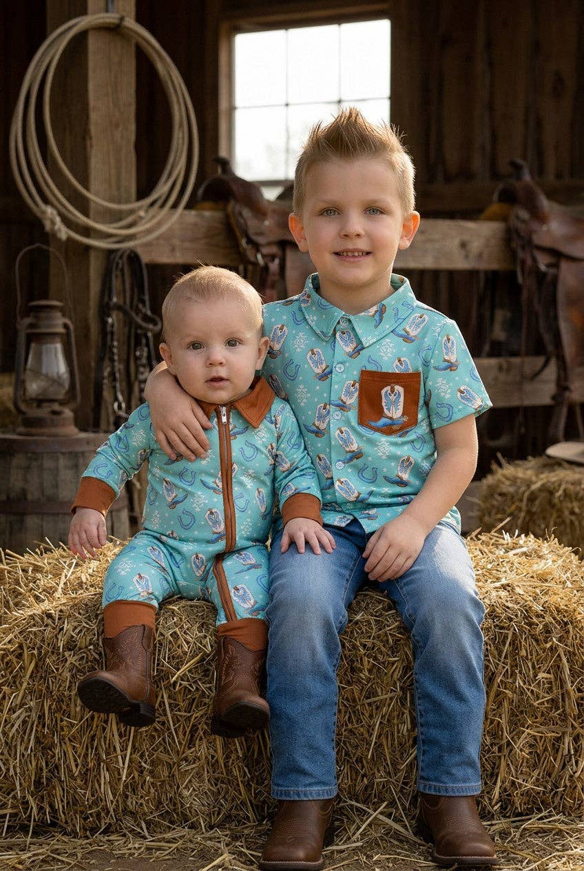Aqua western boot printed button up shirt with side pocket.