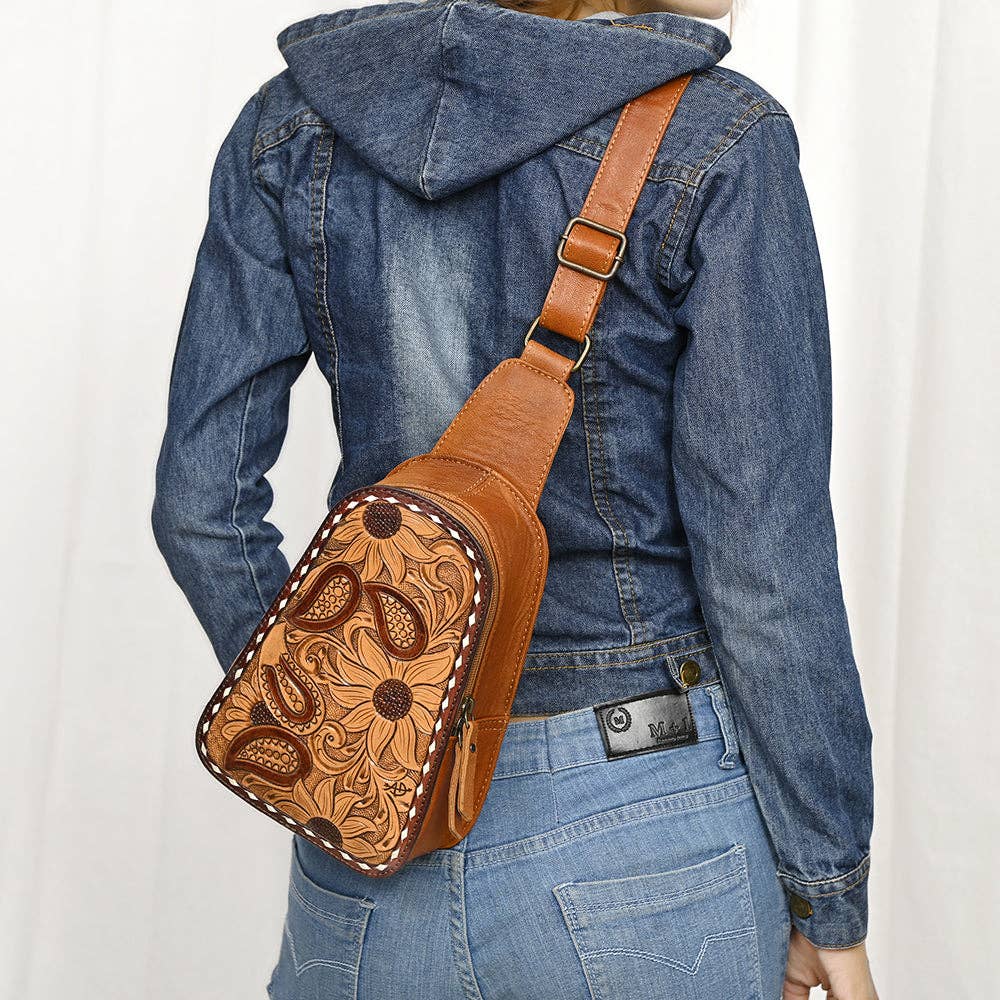 American Darling Western Leather Sling Bag with Hand-Tooled Floral Carving Genuine Leather