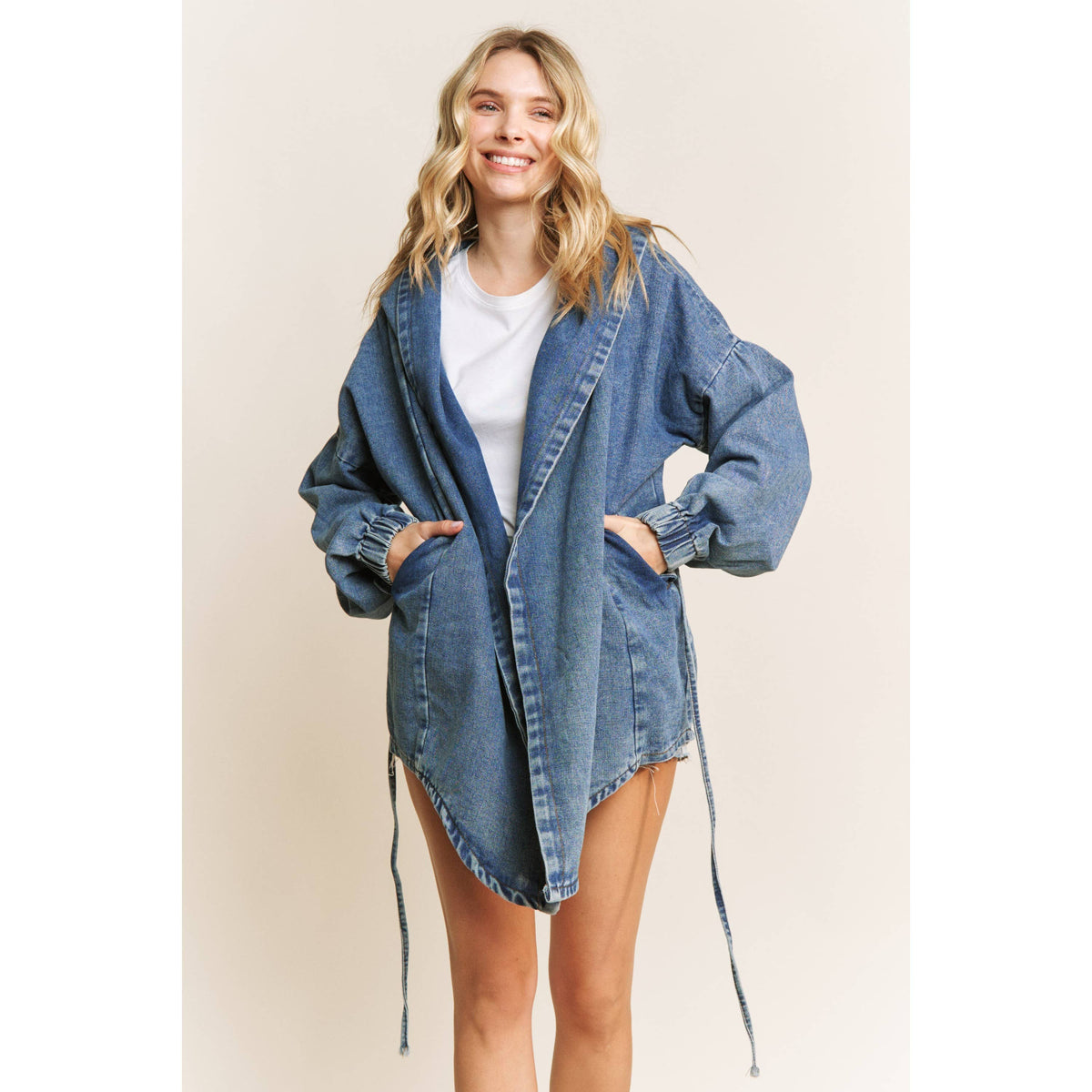 VINTAGE DENIM WASHED HOODED COAT SHACKET
