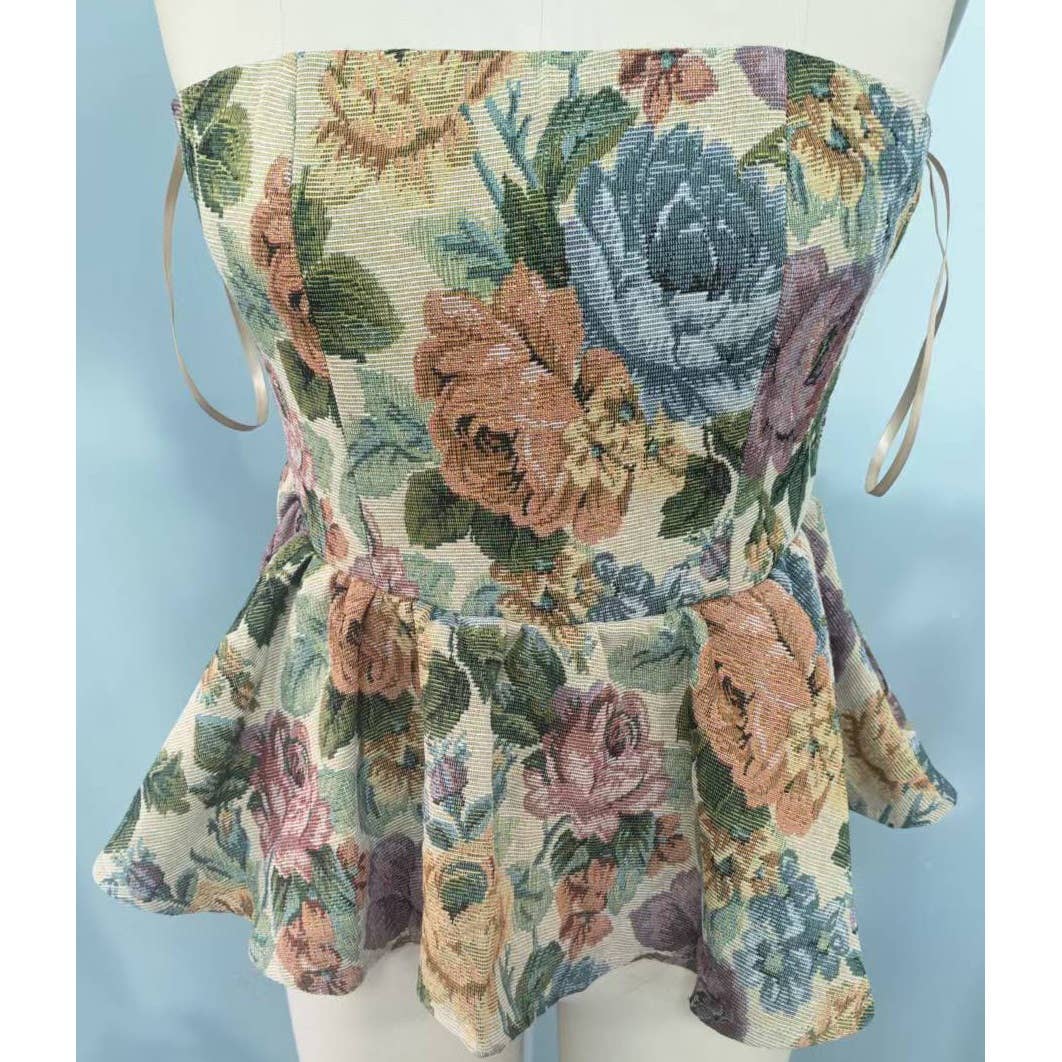 VINTAGE FLORAL PRINT WOVEN PEPLUM TIERED TUBE TOP