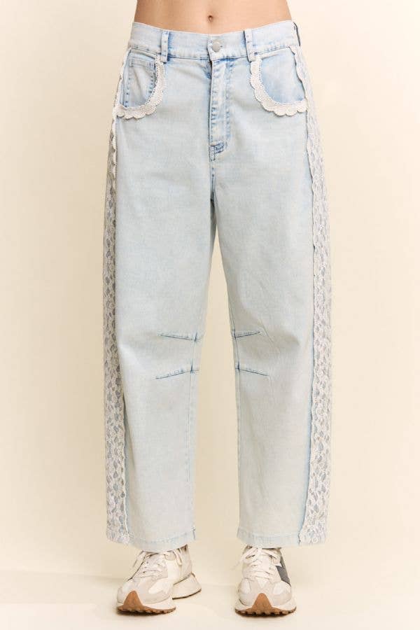 High-Waist Lace-Trim Baggy Jeans