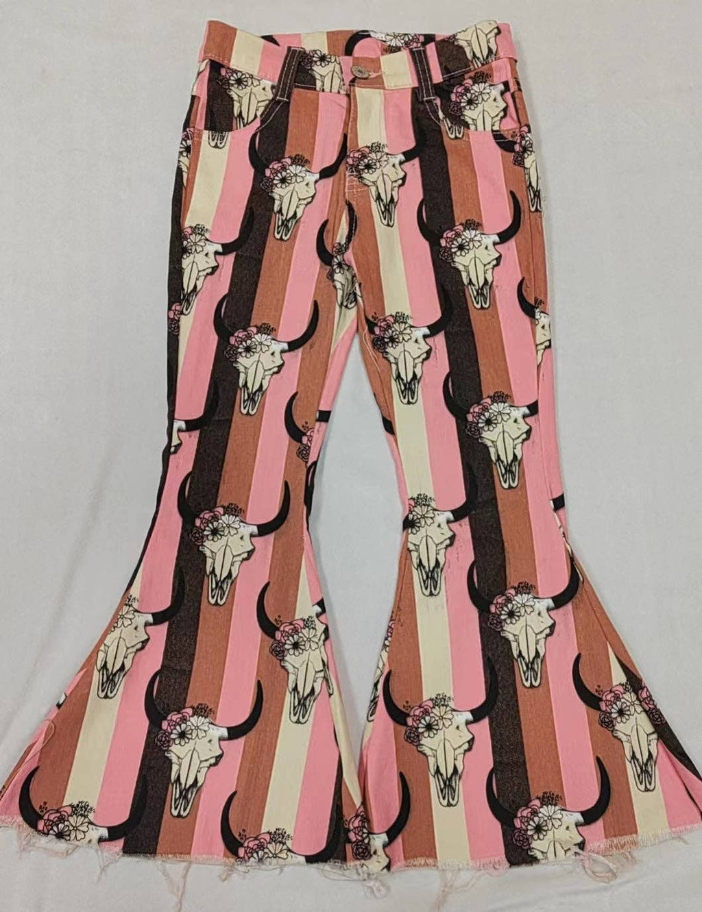 Baby Girls Aztec Western Cow Skull Bell Flare Denim Pants