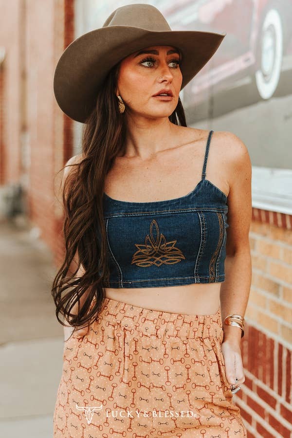 Rustic Embroidered Denim Crop Top