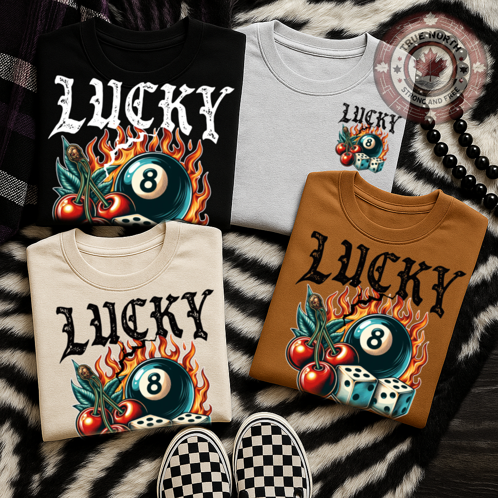 T-Shirt Sweatshirt Lucky 8 Ball with Flames, Cherries & Dice – Vintage Tattoo Style Design