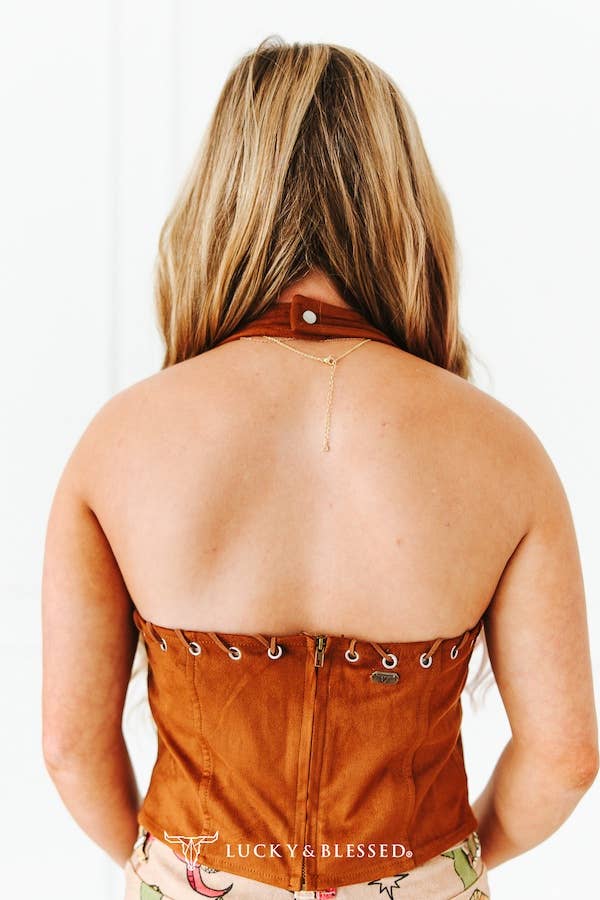 Camel Faux Leather Front Eyelet Halter Top