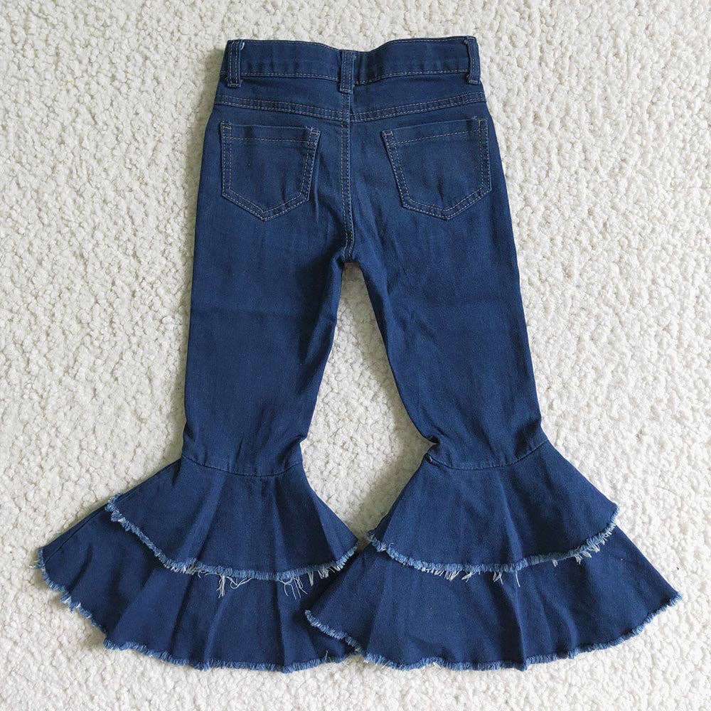 Baby girls navy double ruffle bell pants denim jeans