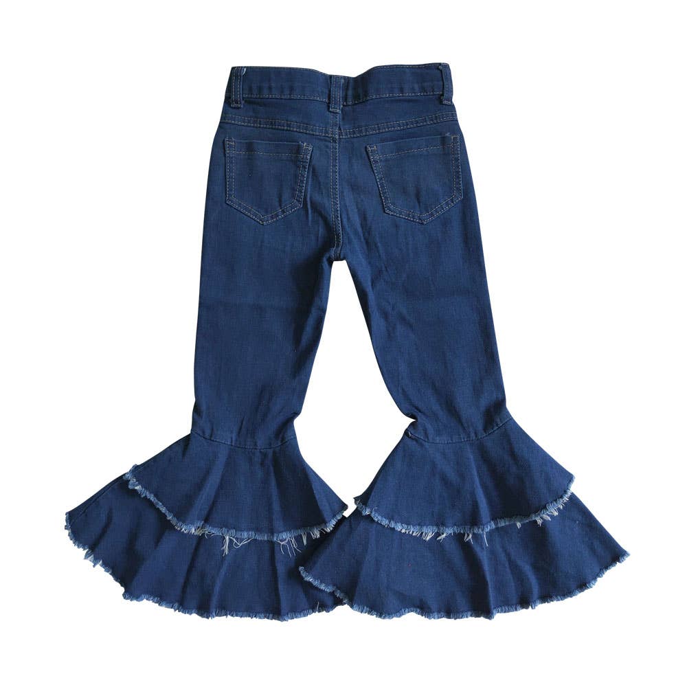 Baby girls navy double ruffle bell pants denim jeans