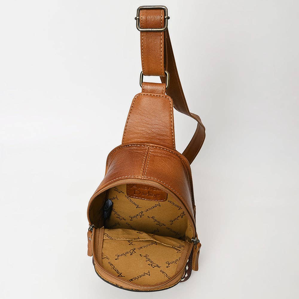 American Darling Western Leather Sling Bag with Hand-Tooled Floral Carving Genuine Leather