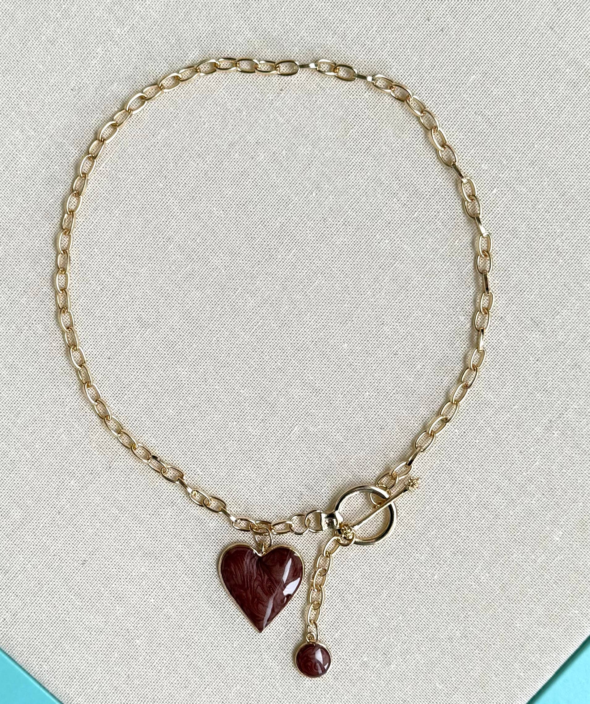 Gold Chain Necklace with Heart and Water Drop Pendant Brown
