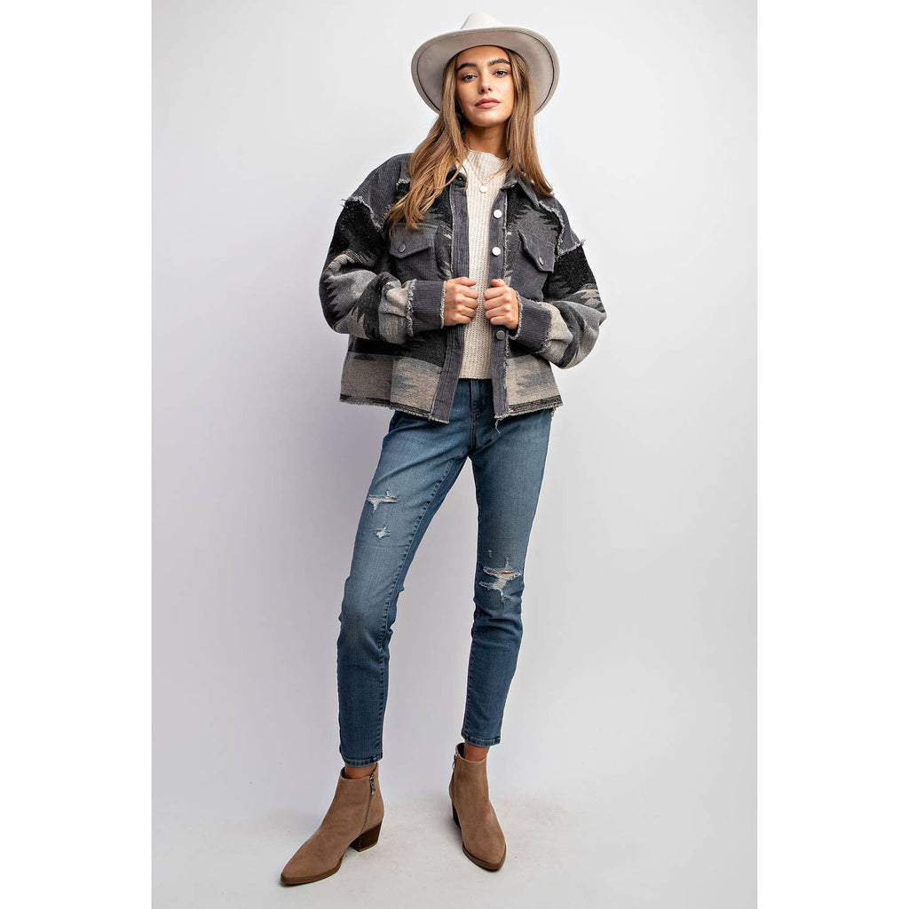 TRIBAL AZTEC PATTERN COLORBLOCK BUTTON DOWN SHIRT JACKET