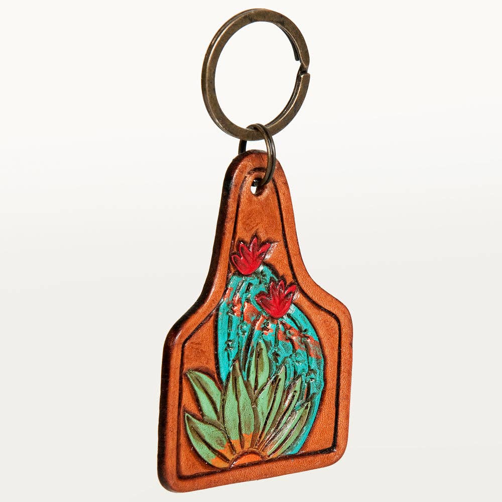 Hand-Tooled Leather Sunflower Keyring   Western Floral Scroll Design