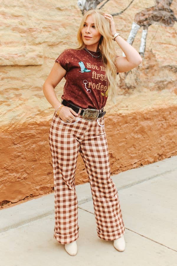  Brown Plaid Western Arrow Pocket High Rise Wide Leg Jeans