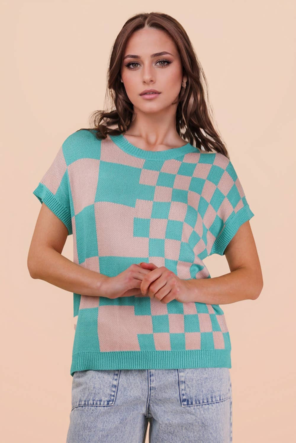 Dolmen Sleeve Checkered Knit Casual Sweater Top