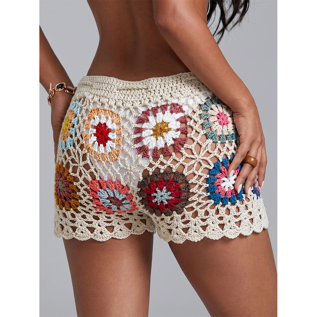 Hand-Crocheted Granny Square Bodycon Low-Waist Shorts