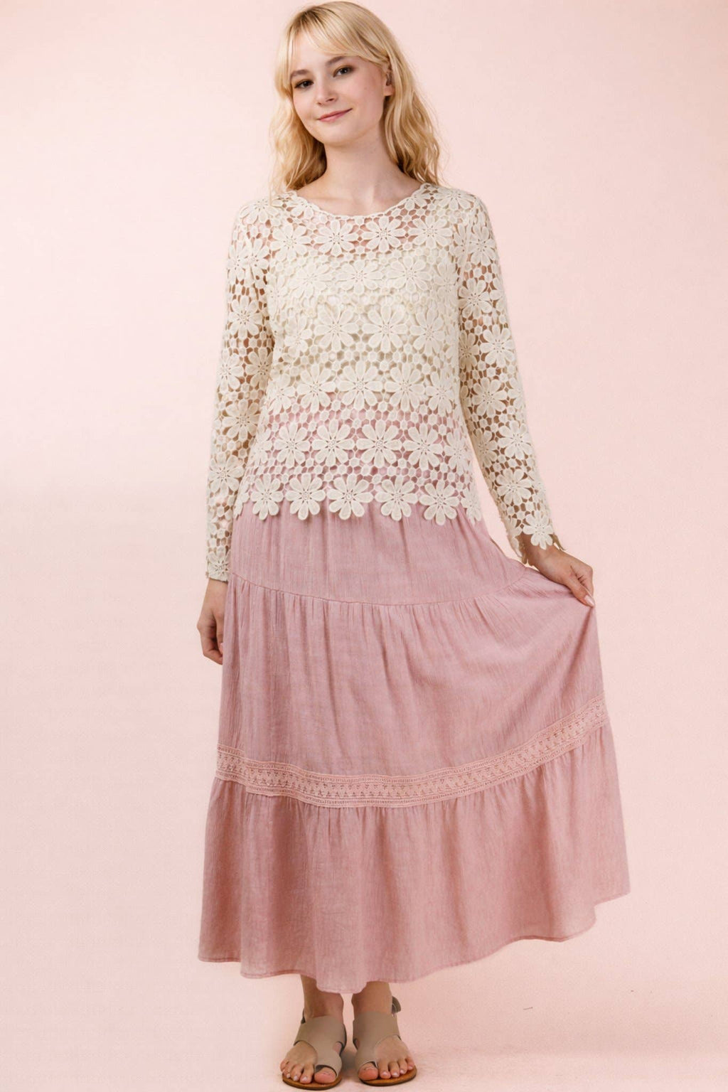 Tiered Layers Solid Woven Mini Dress W/ Lace Trim