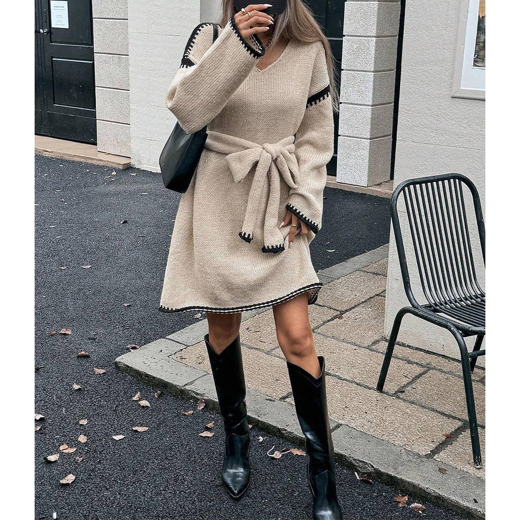 Casual V-Neck Waist Tie and Loose Fit Knit Dress