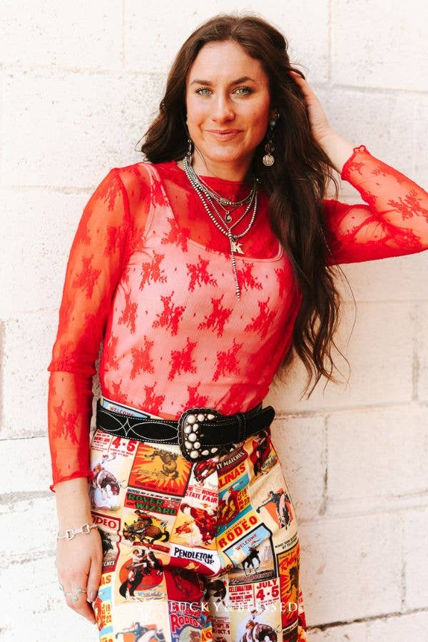 Red Lace Long Sleeve Stretch Top
