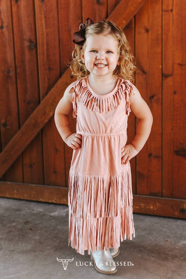 Girls Soft Pink Stretch Suede Fringe Tier Tank Dress