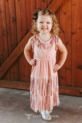 Girls Soft Pink Stretch Suede Fringe Tier Tank Dress