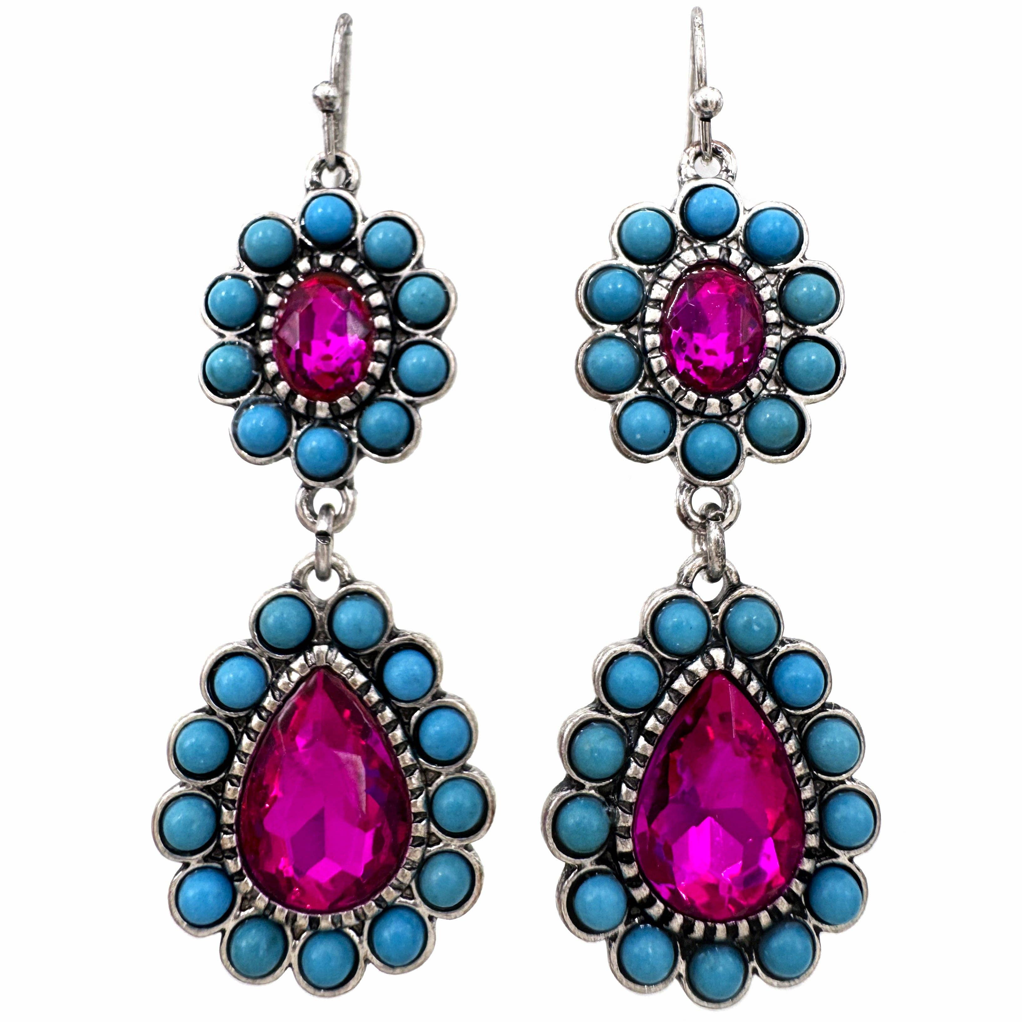 Hot Pink Teardrop Rhinestone Turquoise Floral Earrings