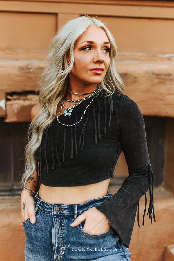 Black Mineral Wash Fringe Detail Crop Top