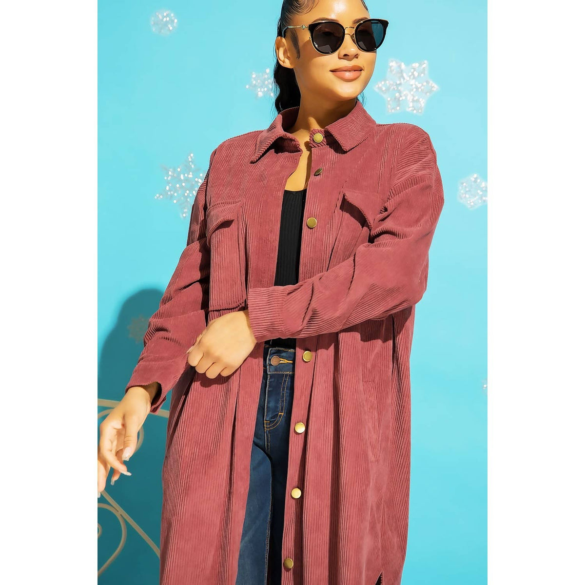 LONG CORDUROY BUTTON DOWN SHIRT JACKET SHACKET