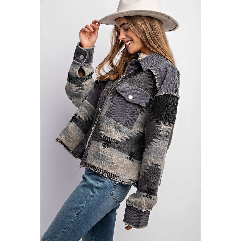 TRIBAL AZTEC PATTERN COLORBLOCK BUTTON DOWN SHIRT JACKET