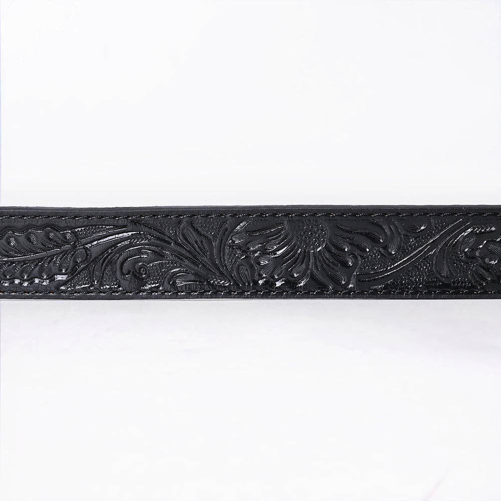 Hand-Tooled Black Floral Western Leather Belt with Oval Buckle