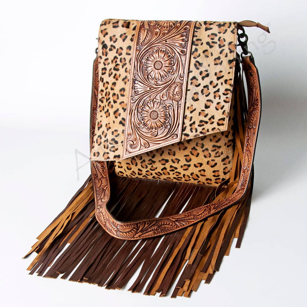 Leopard Print Messenger Bag with Fringe and Tooled Leather Flap