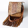 Leopard Print Messenger Bag with Fringe and Tooled Leather Flap
