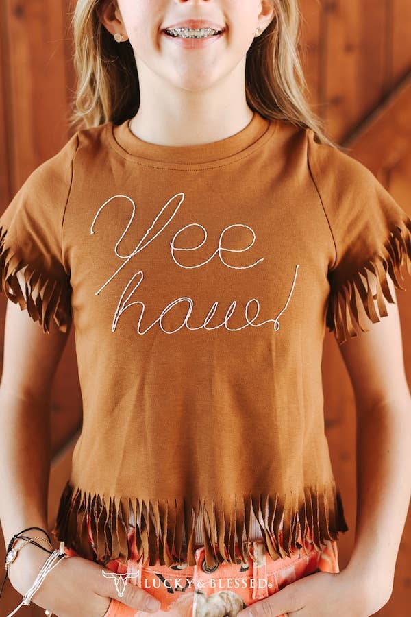 Girls Camel Yee Haw Thick Embroidered Fringe Hem Shirt