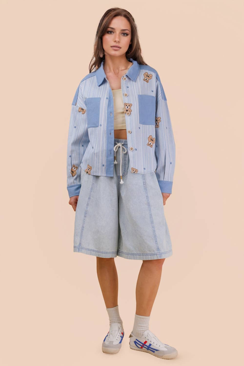 Oversized Teddy Bear Patch Shacket Jacket