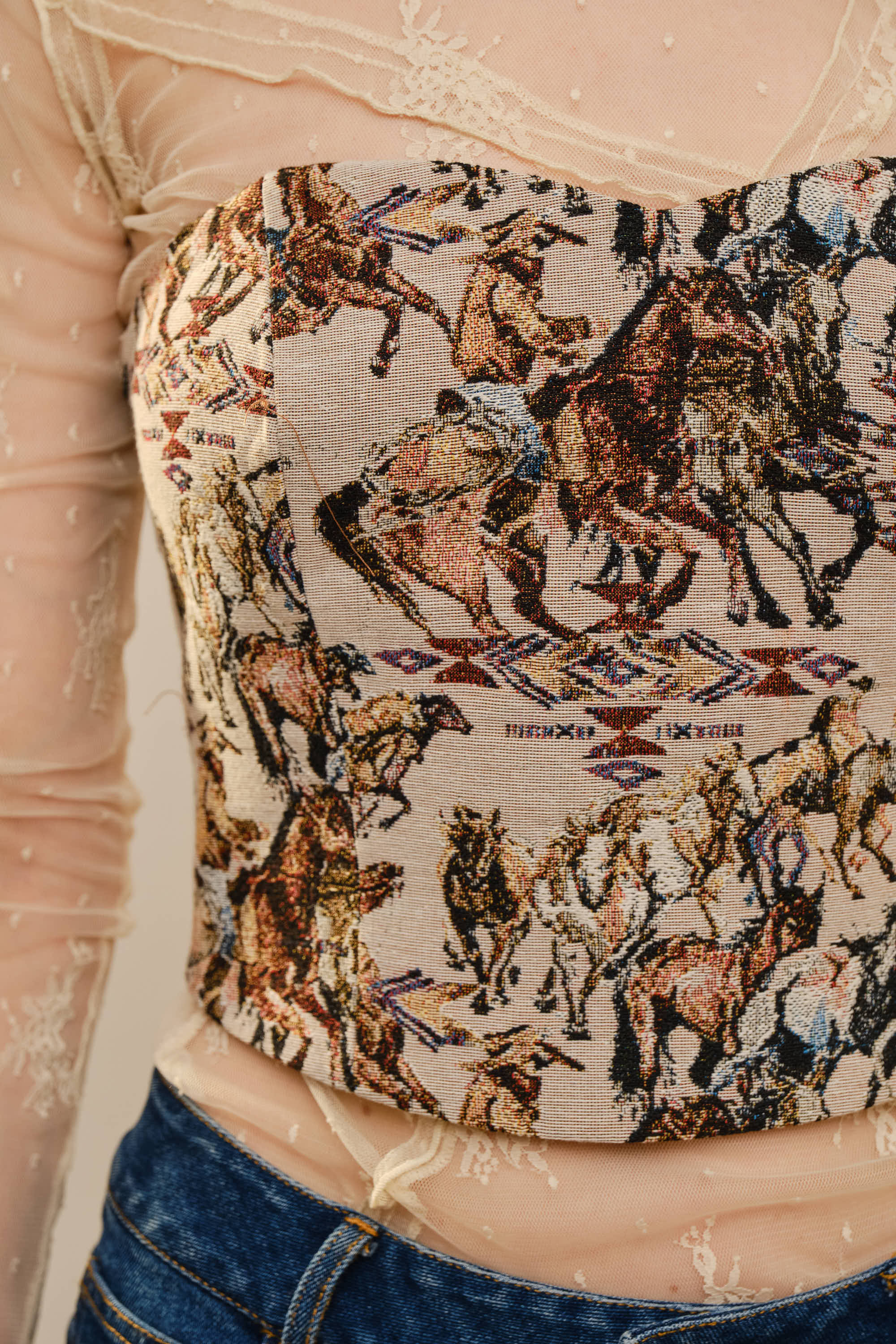 Horse Jacquard Lace-Up Corset Top