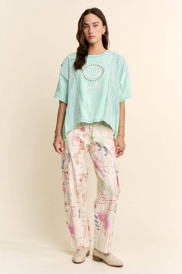 Lucky Smiley Pearl Embellished Boxy Tee