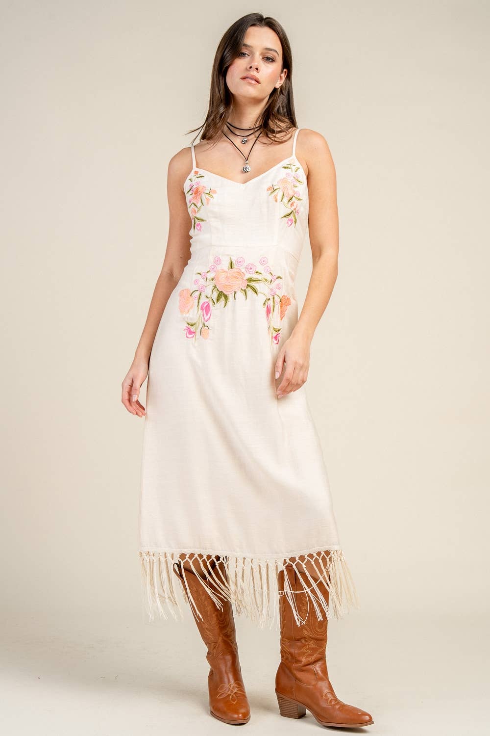 RAYON NYLON EMBROIDERED DETAILED MIDI DRESS