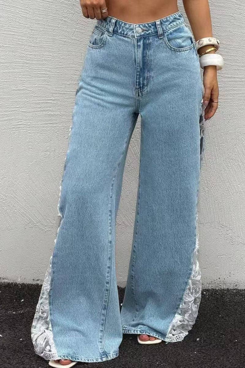 Sheer Floral Lace Side Wide Leg Jeans